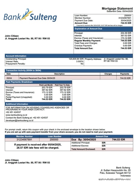 Download Indonesia Bank Sulteng mortgage statement Word and PDF template Photoshop template